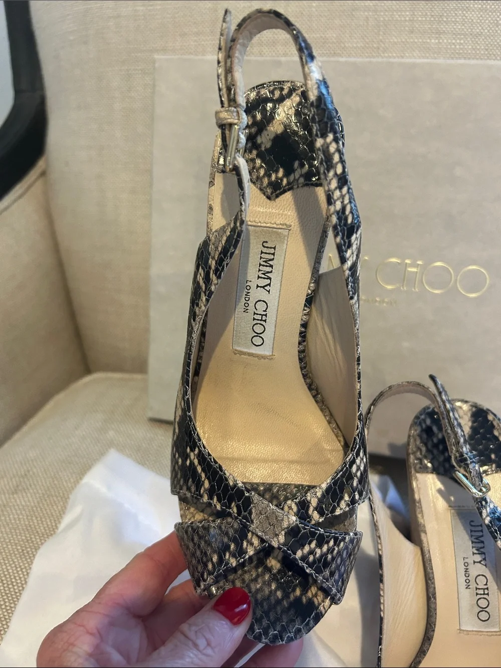 Jimmy Choo Black and Tan Snake-Print Wedge Slingbacks